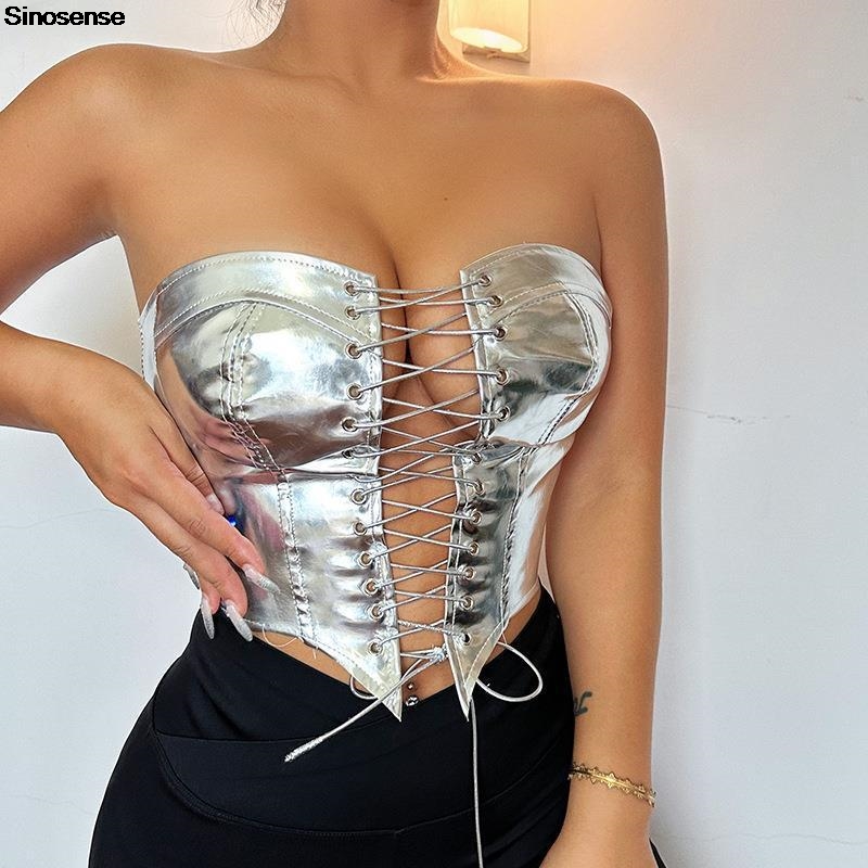 Strapless Bra Backless - 여성용 PU 가죽 뷔스티에 크롭 튜브